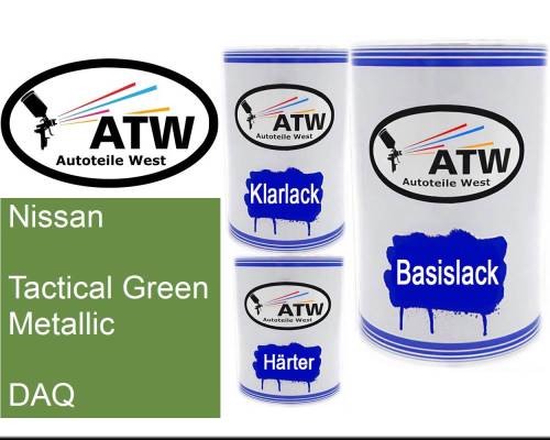 Nissan, Tactical Green Metallic, DAQ: 500ml Lackdose + 500ml Klarlack + 250ml Härter - Set, von ATW Autoteile West.